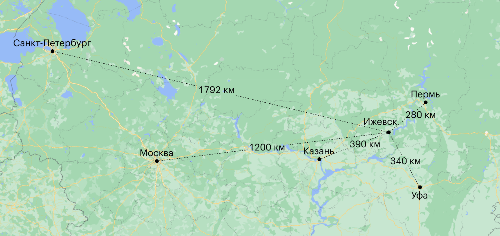 Расстояние от Ижевска до других крупных городов России