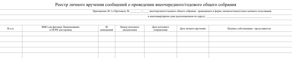 Название документа и первая строка таблицы должны быть напечатаны на каждом листе реестра личного вручения сообщений