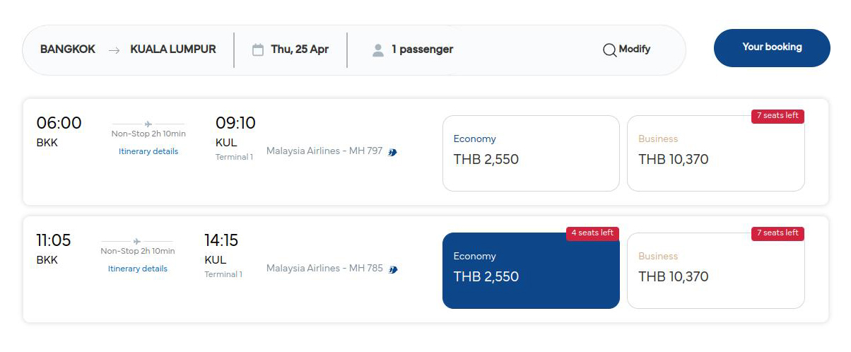 Перелет Бангкок — Куала-Лумпур на 25 апреля стоил от 2550 THB. Источник: malaysiaairlines.com