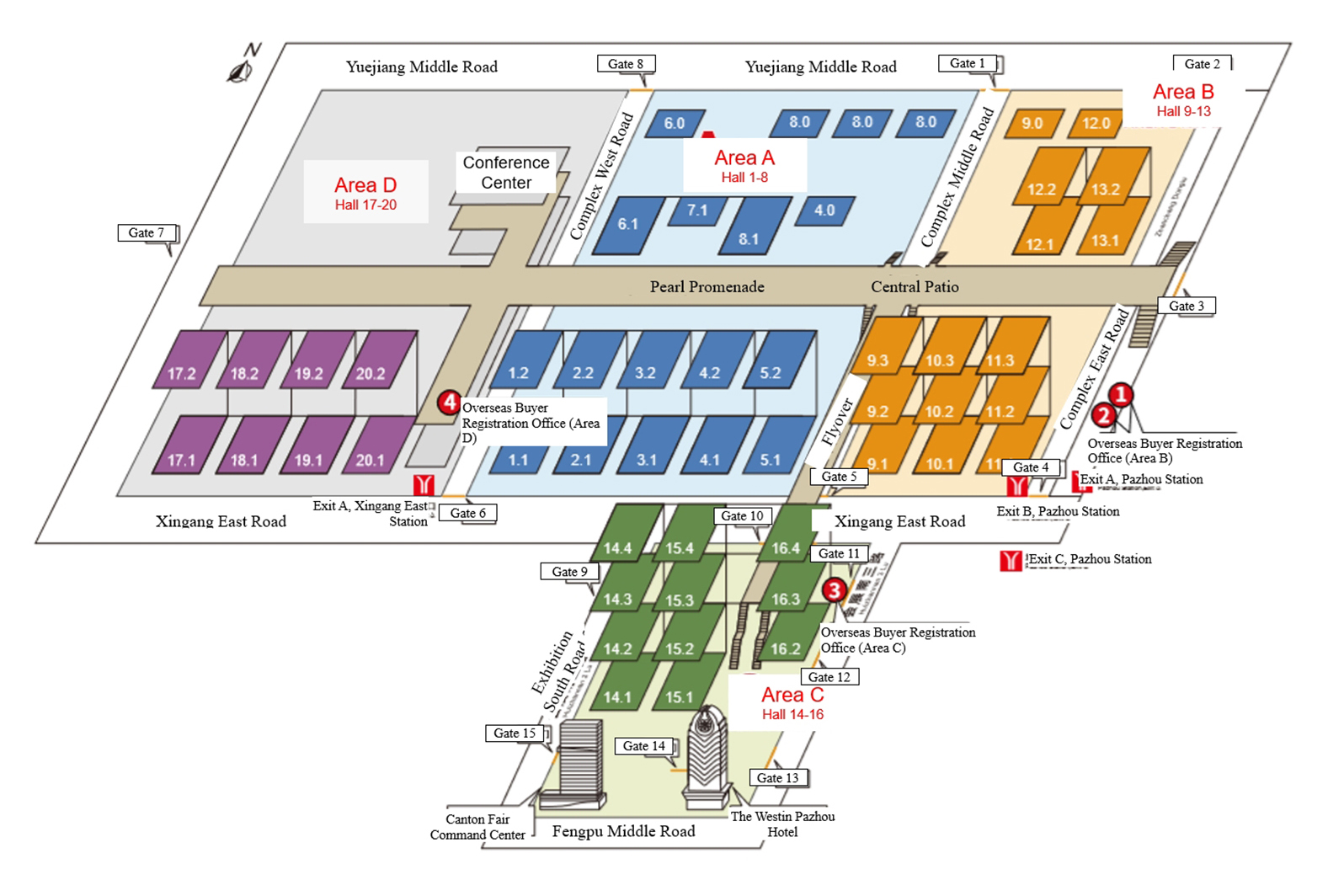 План 134⁠-⁠й ярмарки с официального сайта Canton Fair. Холлы 4.1⁠—⁠5.1 отведены под одежду, 1.2⁠—⁠5.2 ⁠—⁠ под обувь