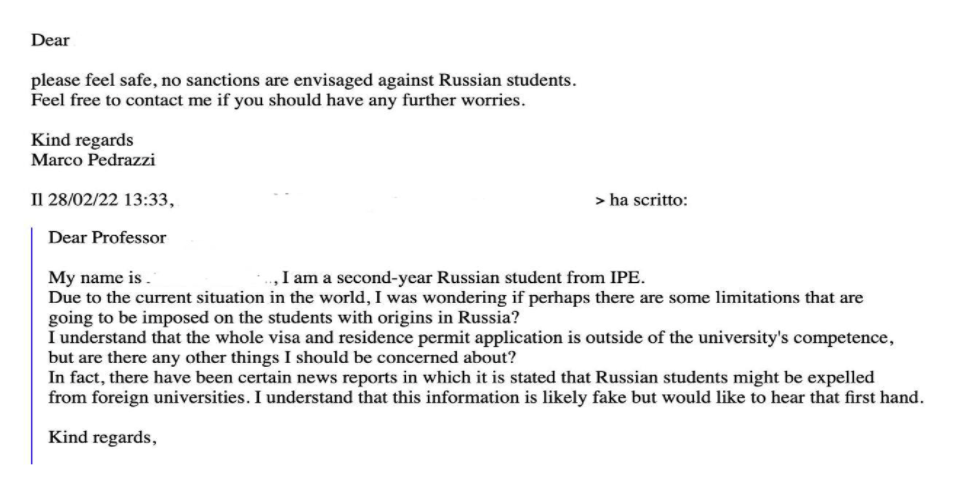 Миланский университет пишет, что против российских студентов не будет никаких санкций