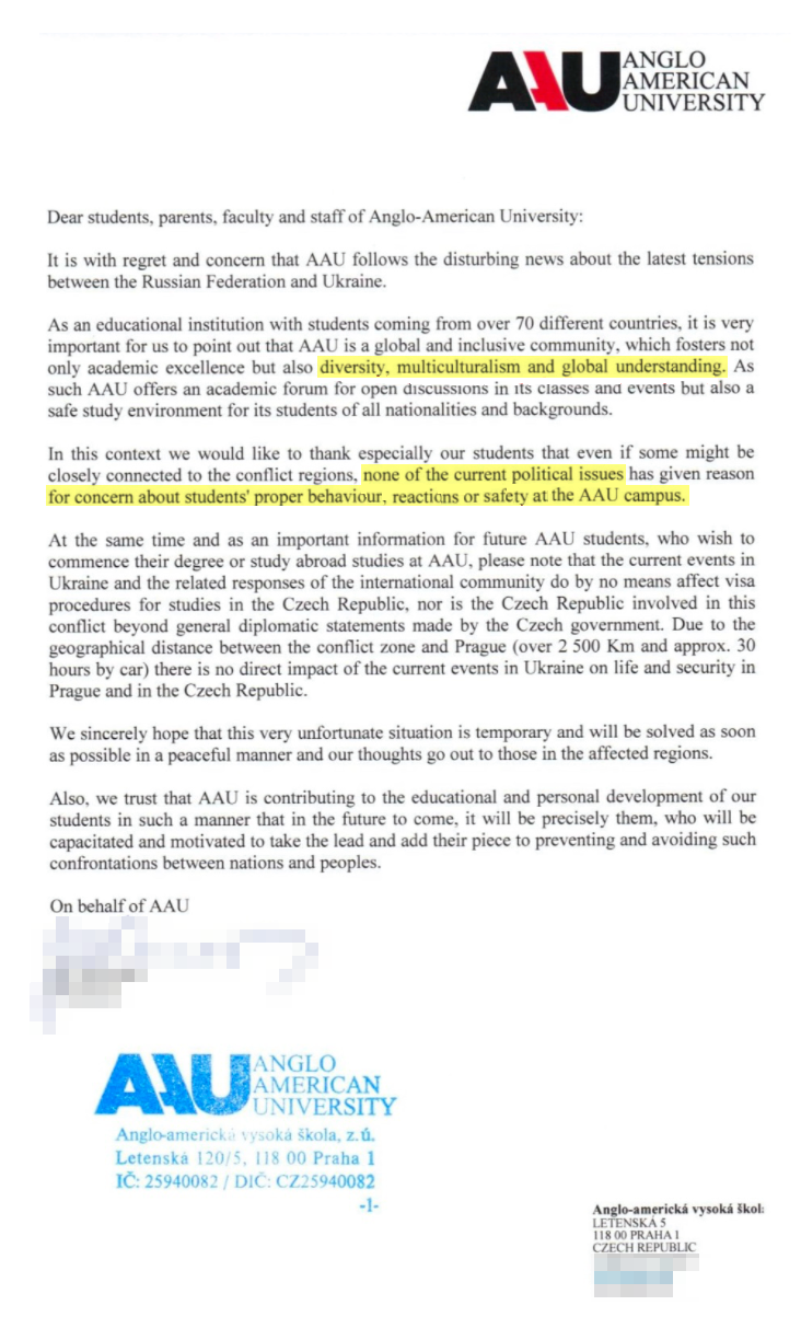 Англо-Американский университет, находящийся в Чехии, отметил, что сохраняет приверженность принципам мультикультурности, разнообразия и понимания