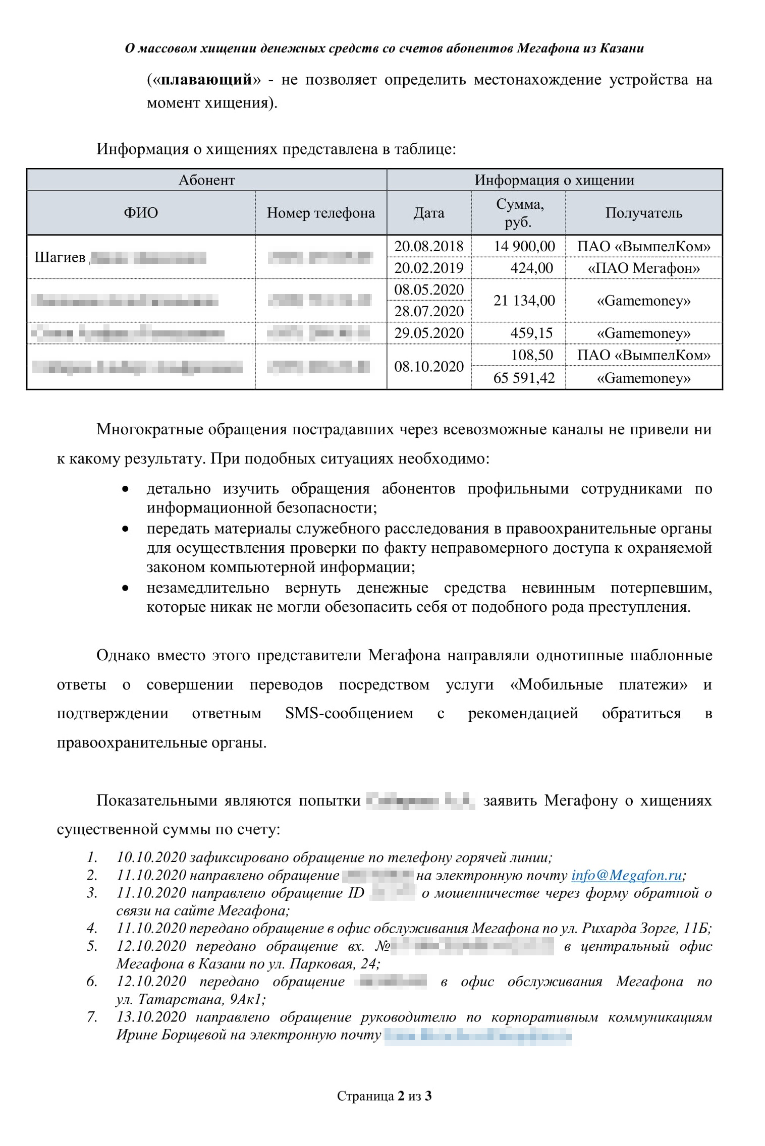 Коллективное обращение к руководству оператора. Я написал, что хищение массовое, перечислил потерпевших, сообщил, что есть признаки клонирования симкарты, и попросил провести проверку. Также отметил, что проблема со стороны «Мегафона» никак не решается