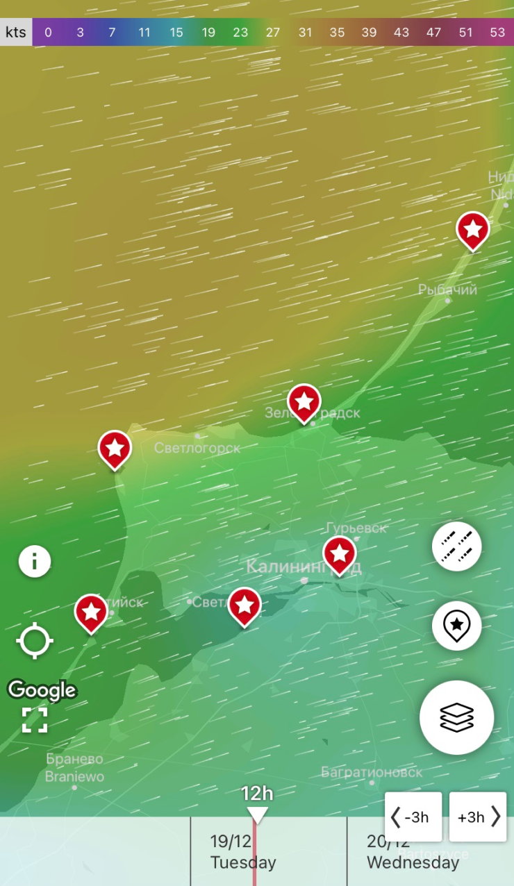 Прогноз в приложении Windfinder. Споты Калининградской области дают возможность кататься практически при любом направлении ветра