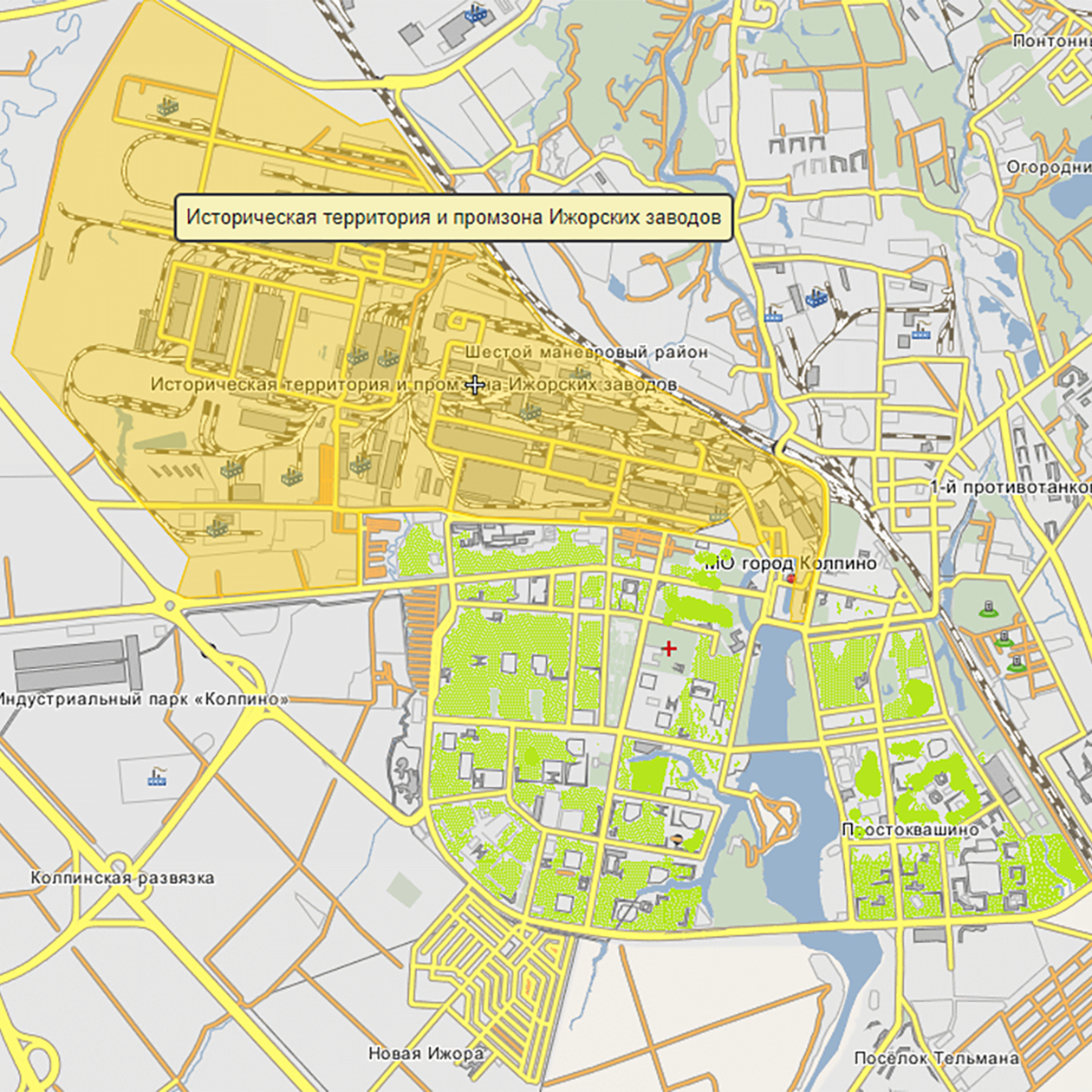 Старинные Ижорские заводы — градообразующее предприятие города Колпина. Чтобы понять его масштаб, на этой карте я показал историческую территорию промзоны с разветвленной сетью железнодорожных путей (желтая заливка) и основных жилых кварталов (зеленая). Источник: wikimapia.org