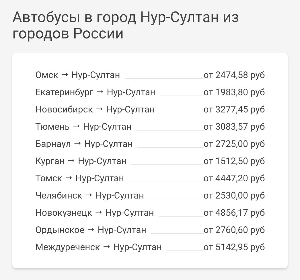 На сайте Busfor есть список городов, откуда идут автобусы в Астану