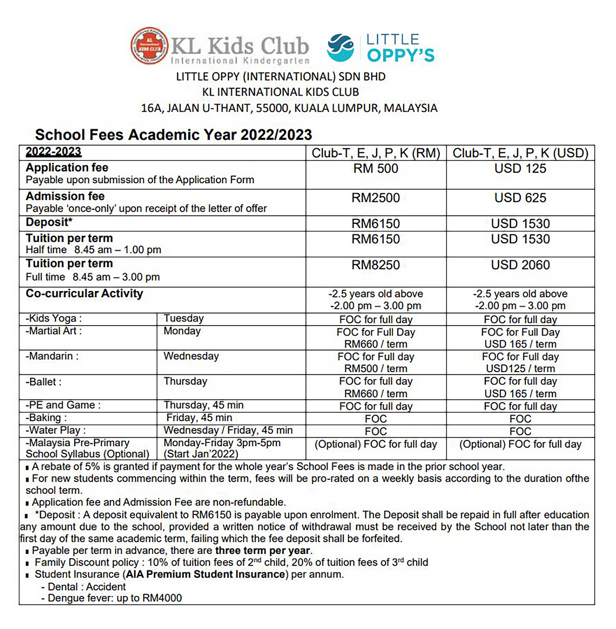 Цены в частном детском саду KL Kids Club в 2022⁠—⁠2023 годах в ринггитах и долларах. Слева перечислены статьи затрат: регистрационный взнос, административный сбор на оплату учебников и канцтоваров, депозит и стоимость программ «Полдня» и «Продленка». Далее указана стоимость дополнительных занятий вроде йоги, балета и рисования