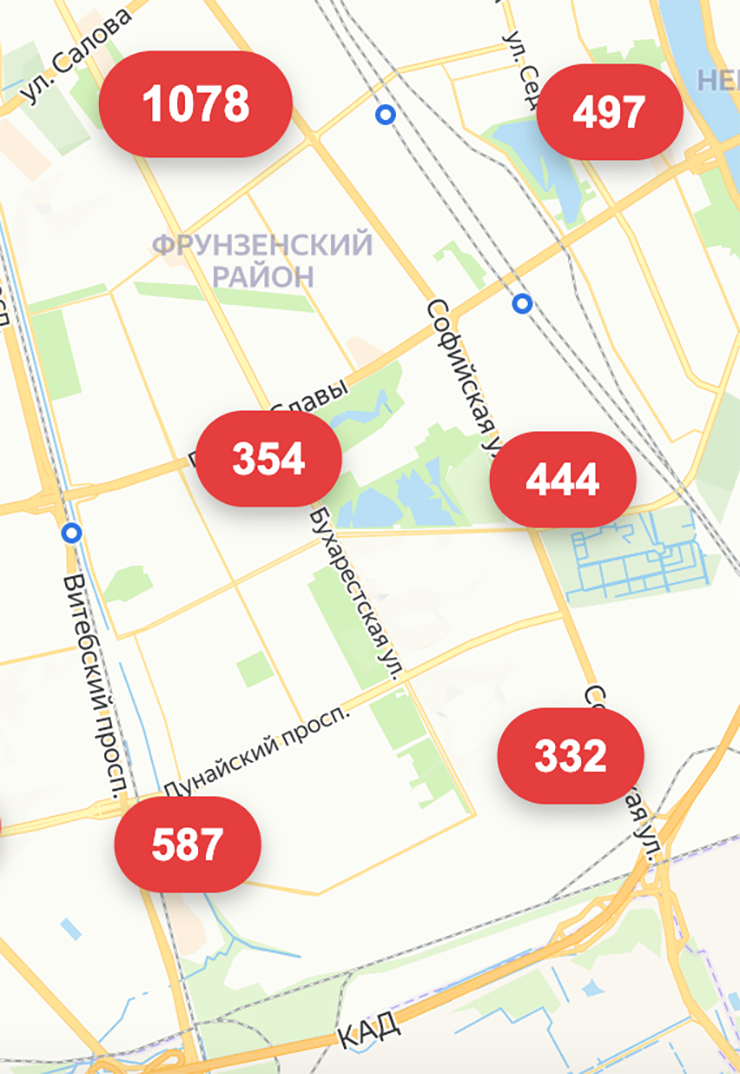 Основные рабочие места для жителей Купчина — в деловой зоне между улицами Салова и Фучика. Источник: spb.hh.ru