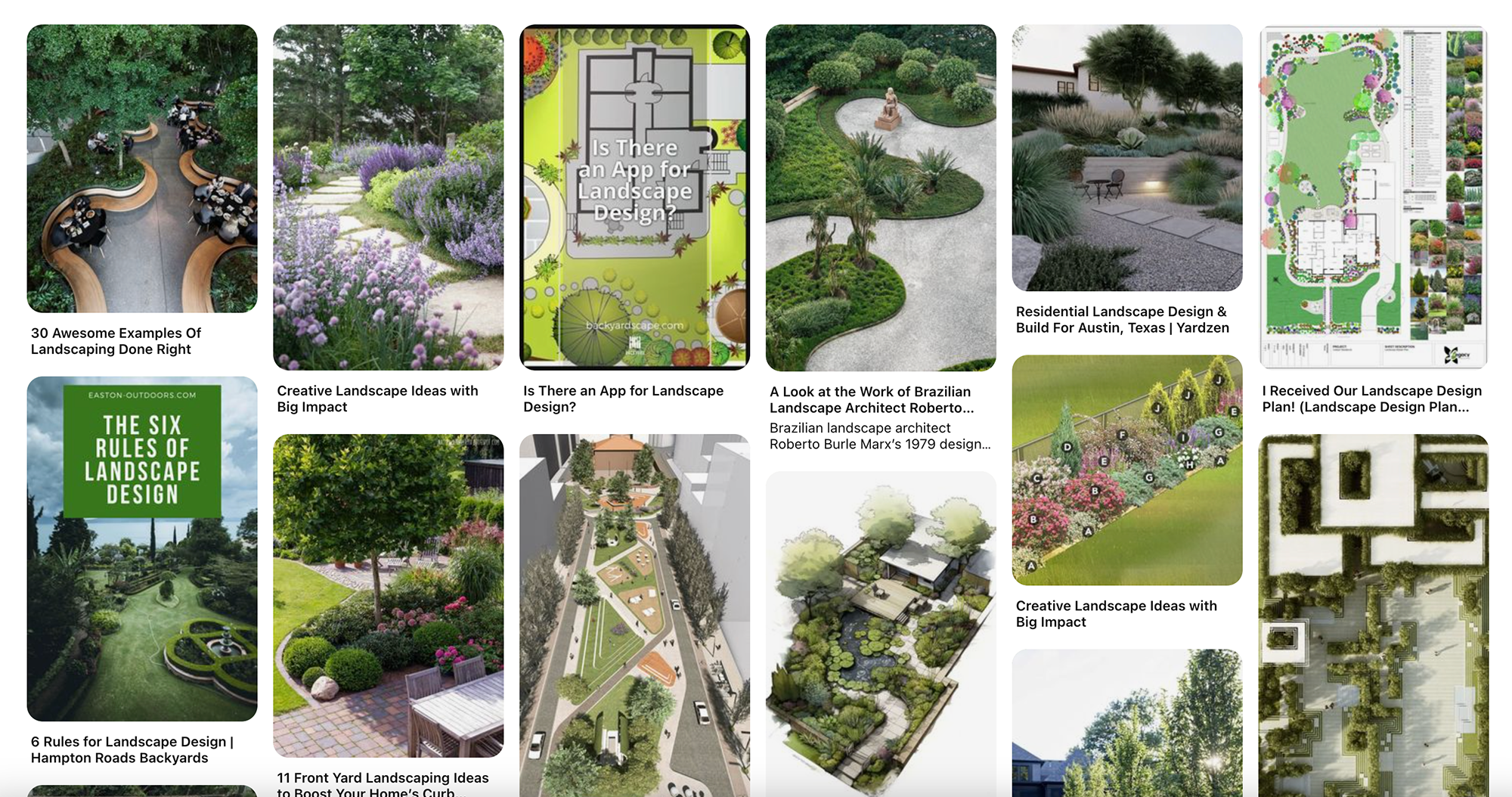 Примеры ландшафтного дизайна в «Пинтересте» по запросу landscape design. Источник: ru.pinterest.com