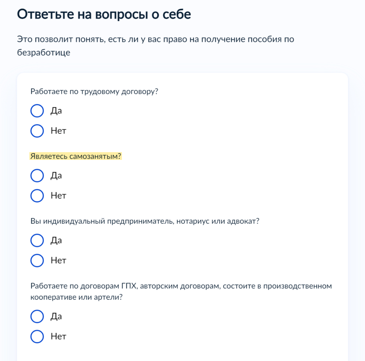 А вот на госуслугах — прямой вопрос о самозанятости. С такой формулировкой ошибки исключены