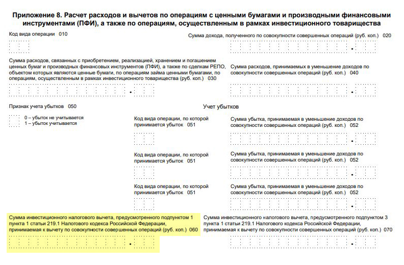 Сумму инвестиционного вычета нужно указать в строке 060 приложения 8