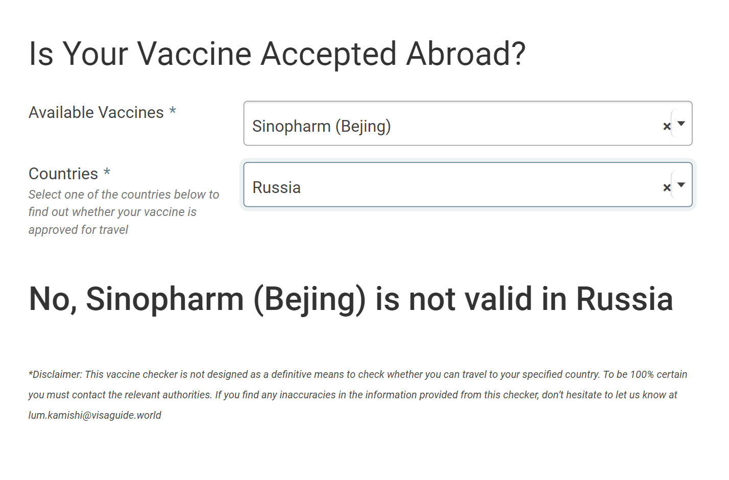 На сайте Visaguide.world сделали удобный инструмент, с помощью которого можно проверить, признана та или иная вакцина в конкретной стране. Вот Sinopharm в России не признана