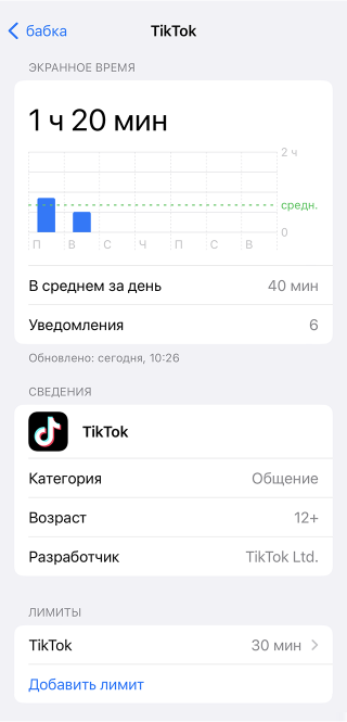 Лимит для «Тиктока» на iOS и лимит для «Фейсбука» на Android