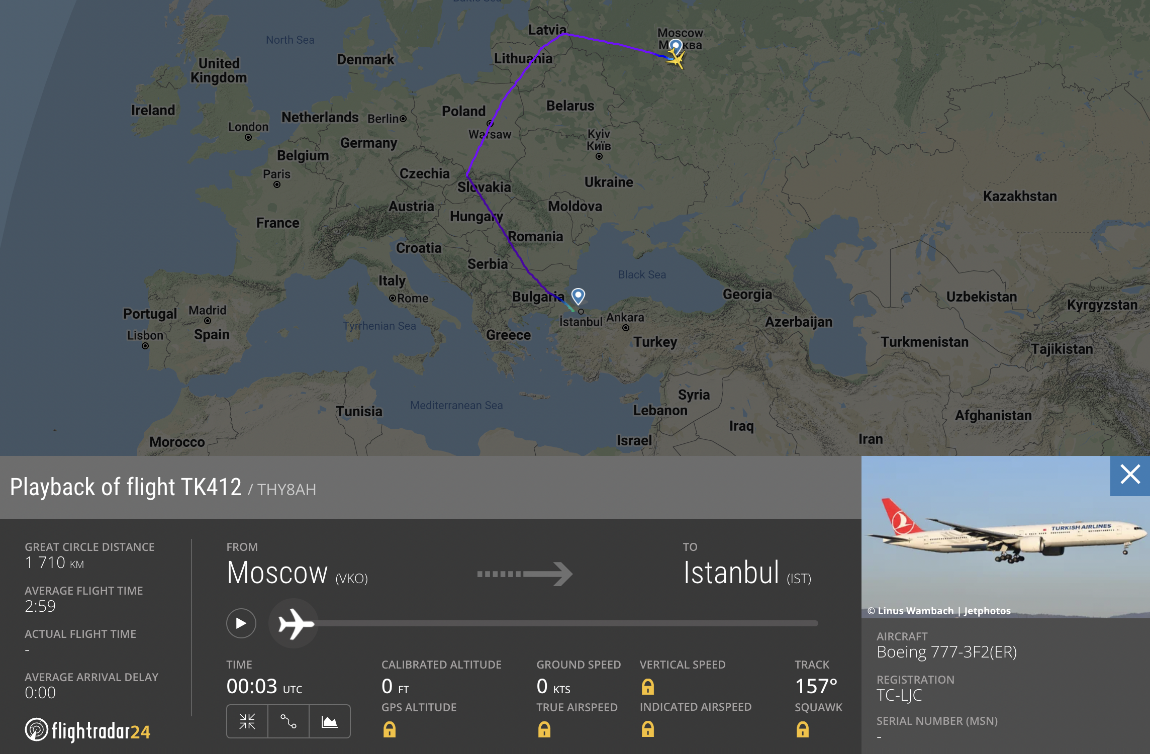 Так выглядит маршрут из Москвы в Стамбул у «Турецких авиалиний». Источник: flightradar24.com