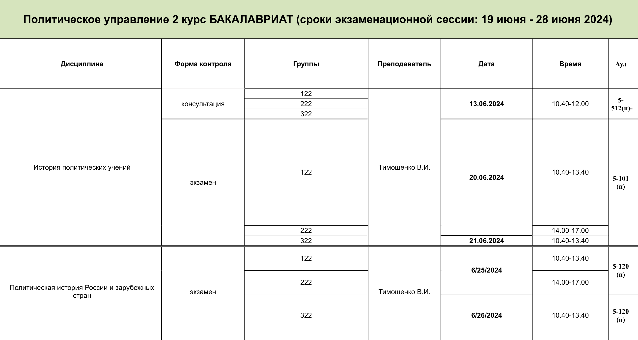 Расписание сессии студентов программы «Политическое управление» РАНХиГС