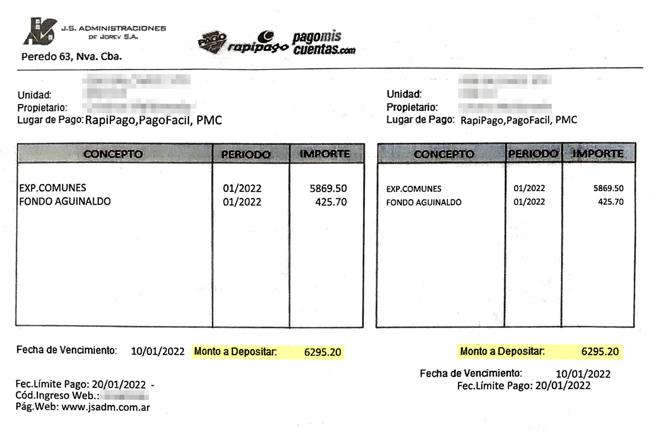 Ежемесячный счет за обслуживание нашего здания — 6295 ARS (2644 ₽)