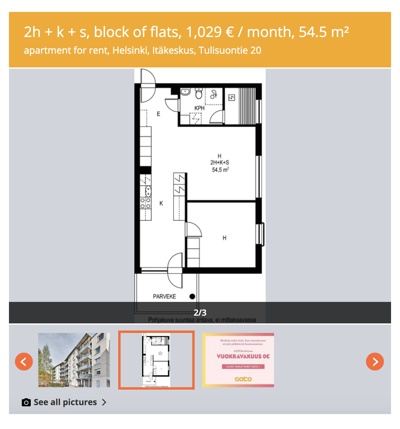 Типичное объявление о сдаче жилья в Хельсинки. Часто в нем нет фото квартиры изнутри — только ее план. Это проблема, потому что мне бы хватило 2⁠—⁠3 снимков, чтобы понять, стоит ли ехать на просмотр