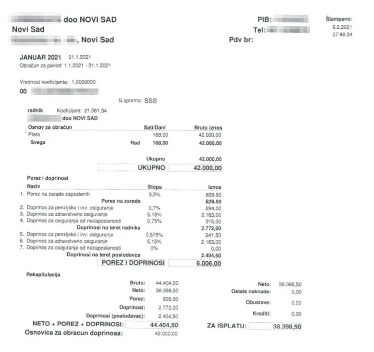 Выписка по налогам и взносам с моей зарплаты в 2021 году. 42 000 RSD — общая зарплата, 38 398 RSD я получила на руки, а 6006 RSD — это все налоги и взносы. Из них 2404 RSD платит работодатель