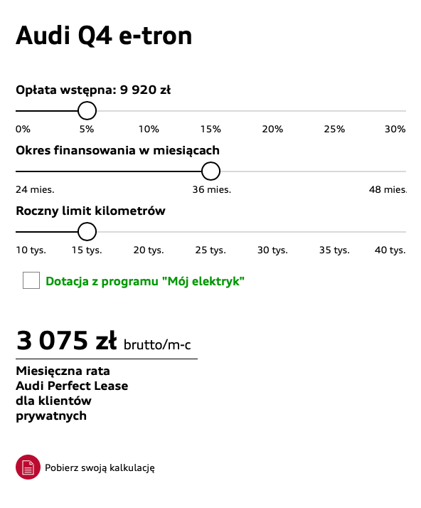 А это расчет ежемесячного платежа, если берете машину в лизинг. На сайтах дилеров цены указывают в двух вариантах: для ИП — в нетто, для частных лиц — в брутто. Источник: audi.pl