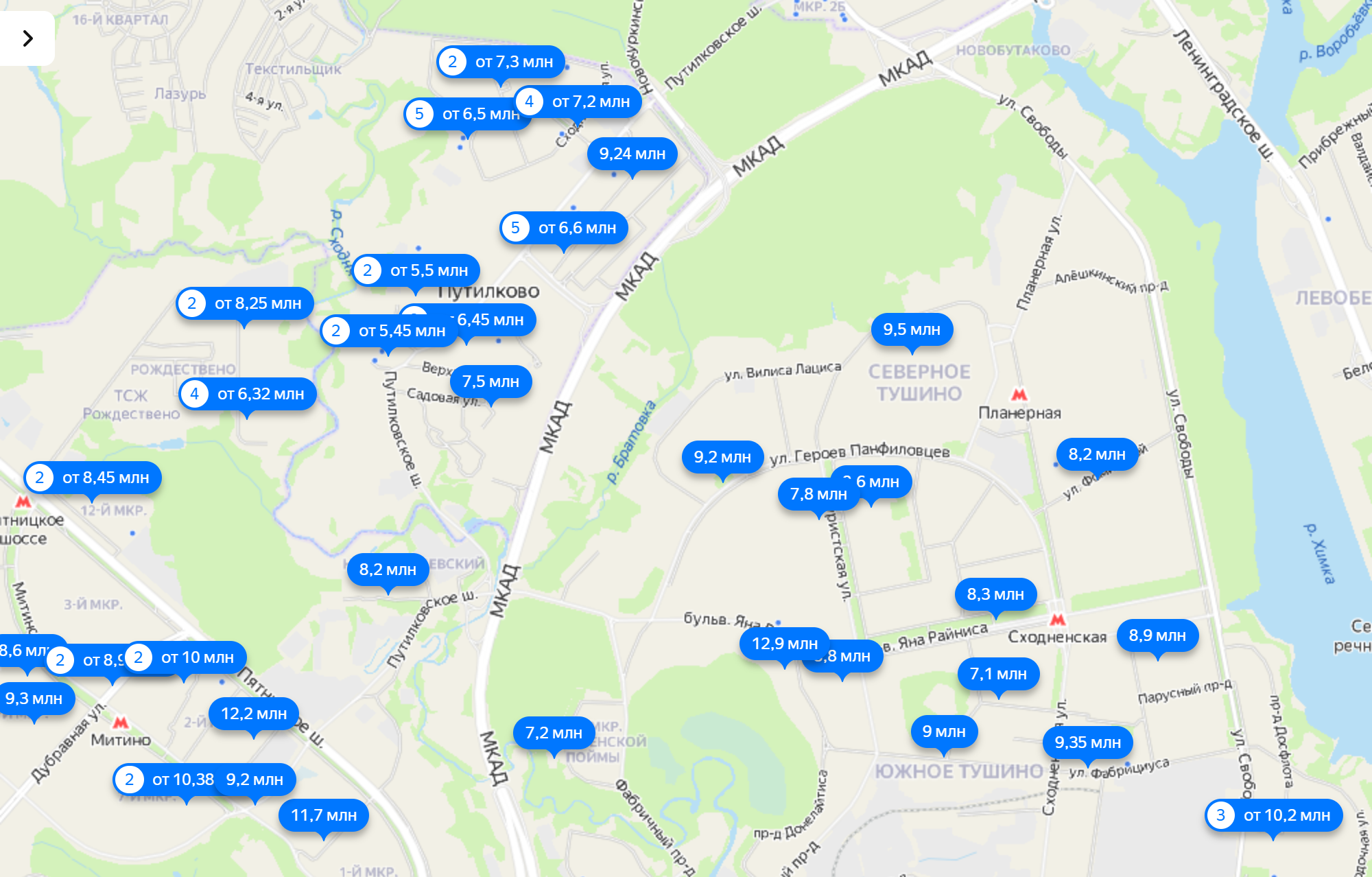 Если верить «Яндекс-недвижимости», то в Путилкове можно купить однокомнатную вторичку от 5,45 млн рублей. А в Северном Тушине — от 7,1 млн рублей