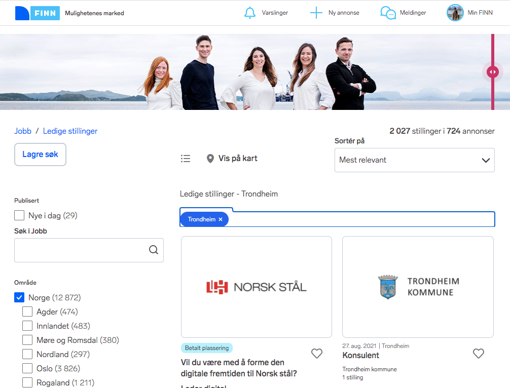 На Finn можно поставить фильтры по городам. Например, на момент написания статьи в Тронхейме было 2027 вакансий. Источник: finn.no