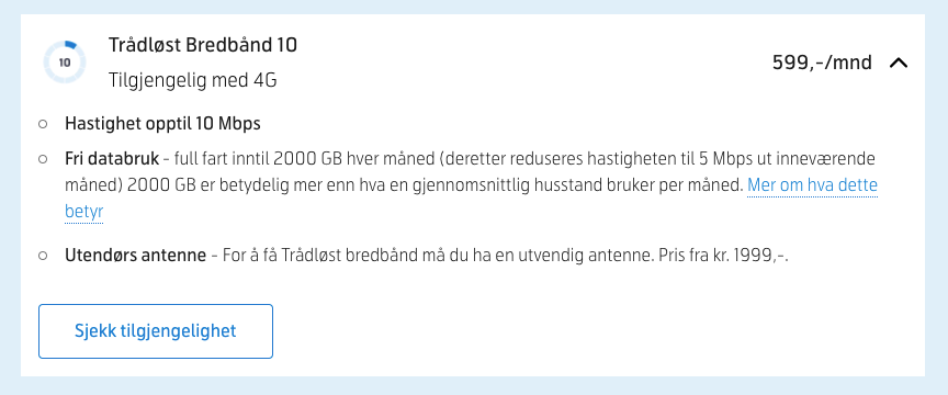 Пример самого дешевого тарифа домашнего интернета от Telenor: скорость до 10 Мбит/с, бесплатное использование данных, полная скорость до 2000 Гб каждый месяц, затем она снижается до 5 Мбит/в текущем месяце