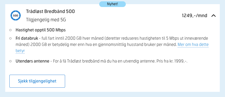 Пример самого дорогого тарифа домашнего интернета от Telenor: скорость до 500 Мбит/с, бесплатное использование данных, полная скорость до 2000 Гб каждый месяц, затем также снижается до 5 Мбит/с