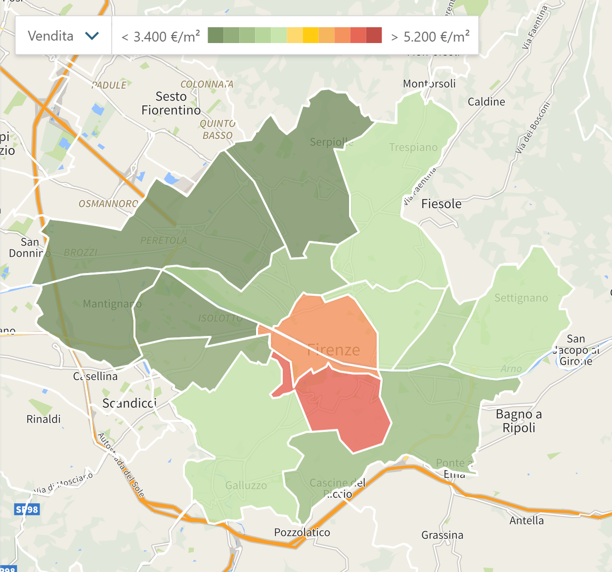 На этой карте цветом показаны более дорогие и более дешевые районы. Как ни странно, исторический центр не самый дорогой. Источник: Immobiliare