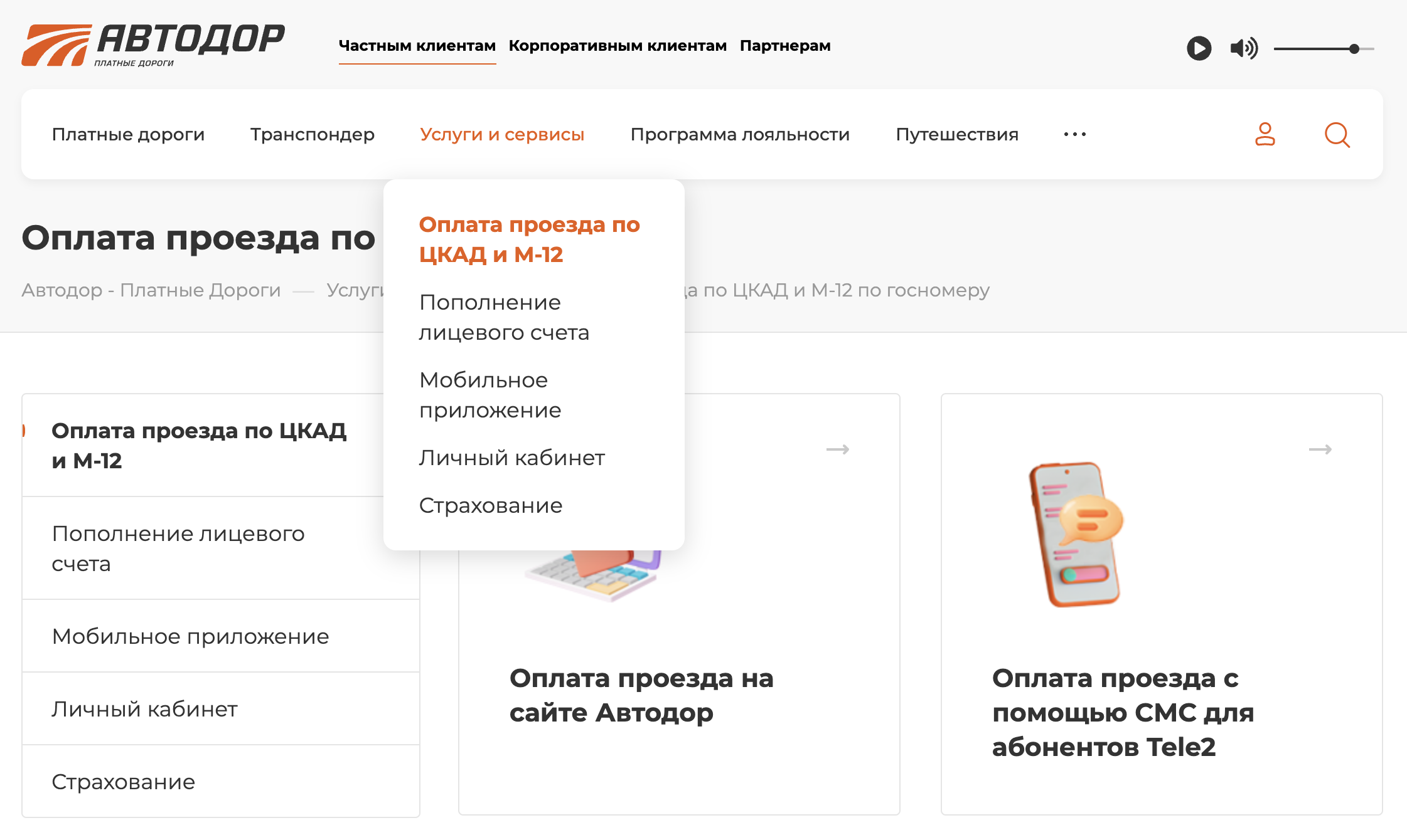 В меню «Услуги и сервисы» на сайте «Автодора» нужно выбрать пункт «Оплата проезда по ЦКАД и М12», а затем способ оплаты — «На сайте Автодор»
