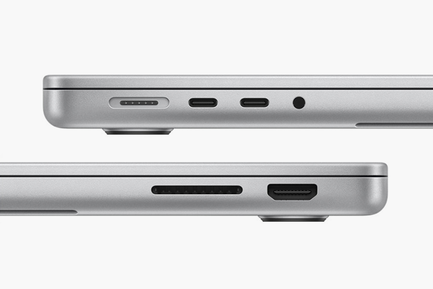 Разъемы MacBook Pro 14 с чипом М3: магнитная зарядка MagSafe, два USB-C стандарта Thunderbolt 4, 3,5⁠-⁠миллиметровое гнездо для наушников, слот для карт SD и HDMI 2.1