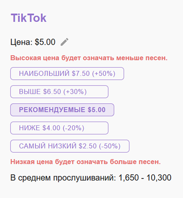 Сервис анализирует канал и предлагает оптимальную цену на рекламу песен. У меня это 5 $ (365 ₽). Можно поставить и 6,5 $ (474 ₽), и 7,5 $ (547 ₽), но тогда предложений будет меньше. А для более популярных блогеров все эти цифры гораздо больше