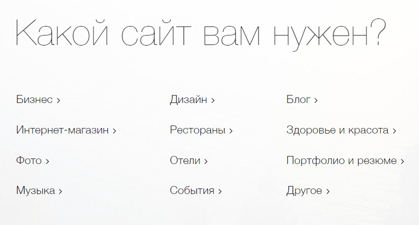 Неважно, какой тип сайта выбрать на этом этапе, потому что «Викс» все равно покажет в меню все существующие шаблоны и категории