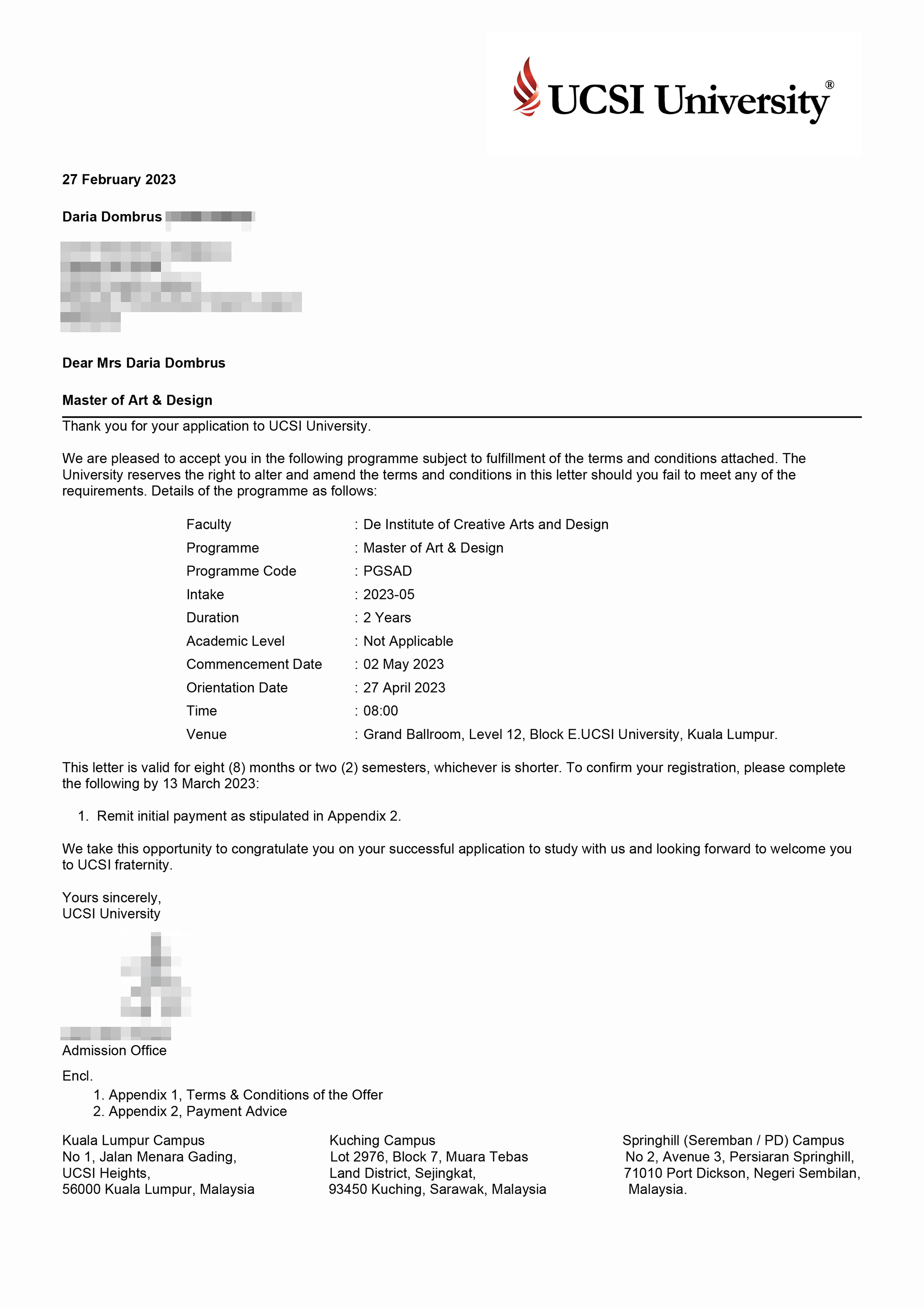 Письмо об одобрении моей кандидатуры от университета UCSI