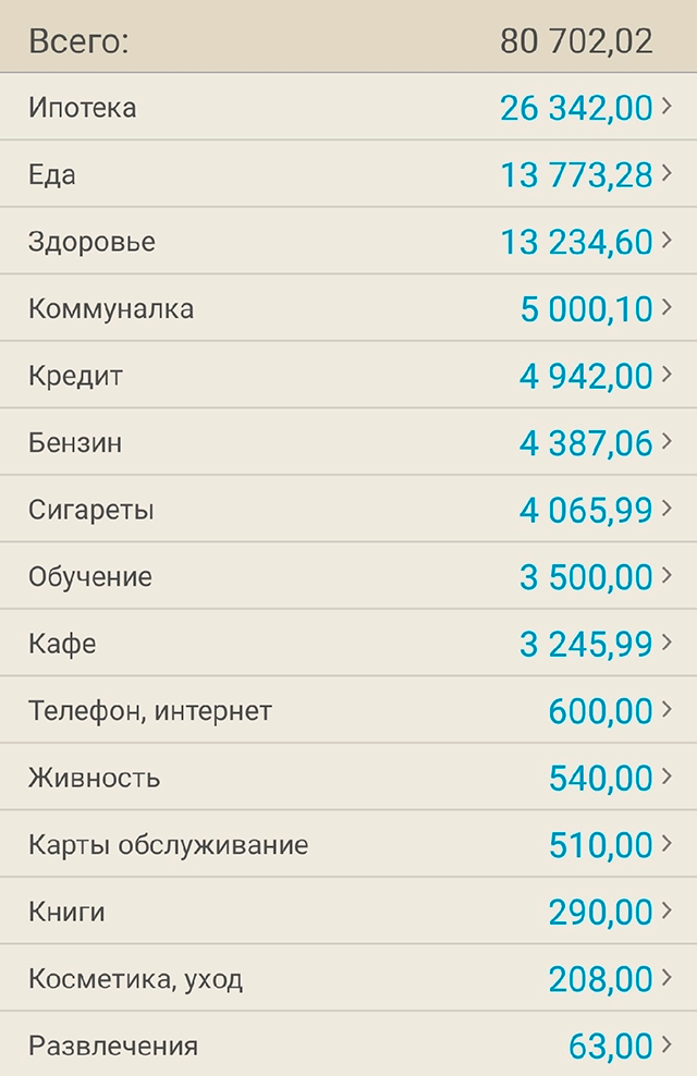 А так выглядит таблица расходов Натальи в приложении «Журнал расходов и доходов». В ней все очевидно