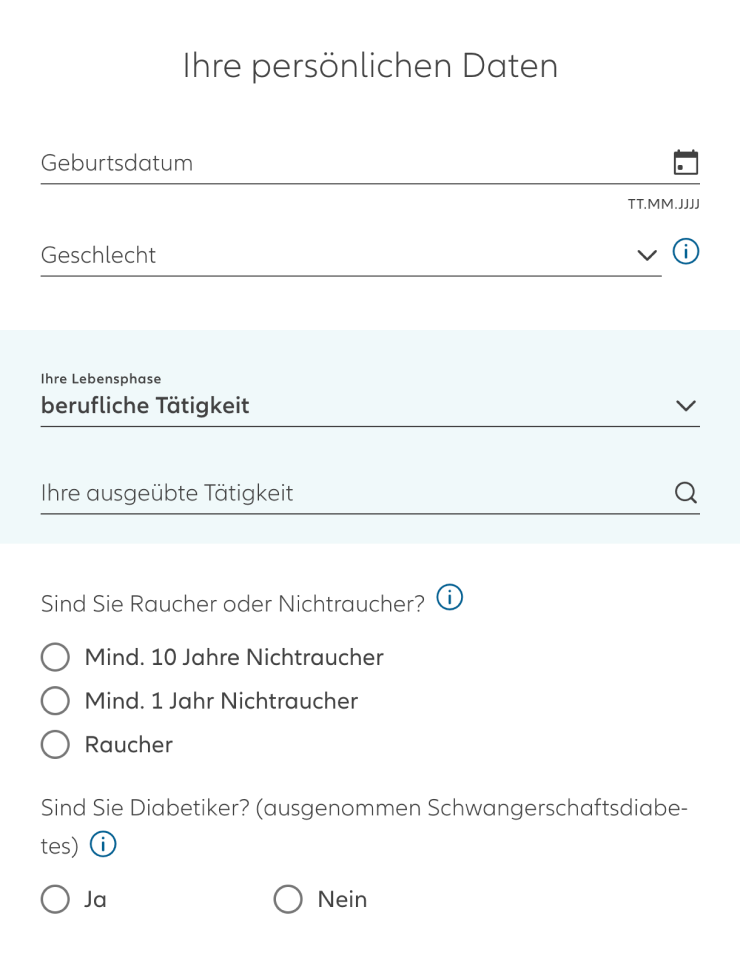 Для расчета стоимости страхования жизни надо указать дату рождения, пол, профессию, статус курения и информацию о наличии диабета. Источник: allianz.de