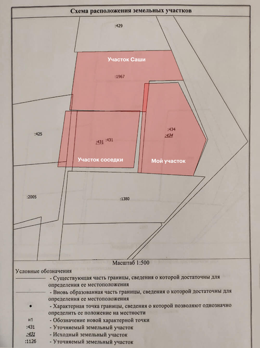 На схеме красным выделено расположение участков по документам, а черным контуром — как на самом деле располагаются участки