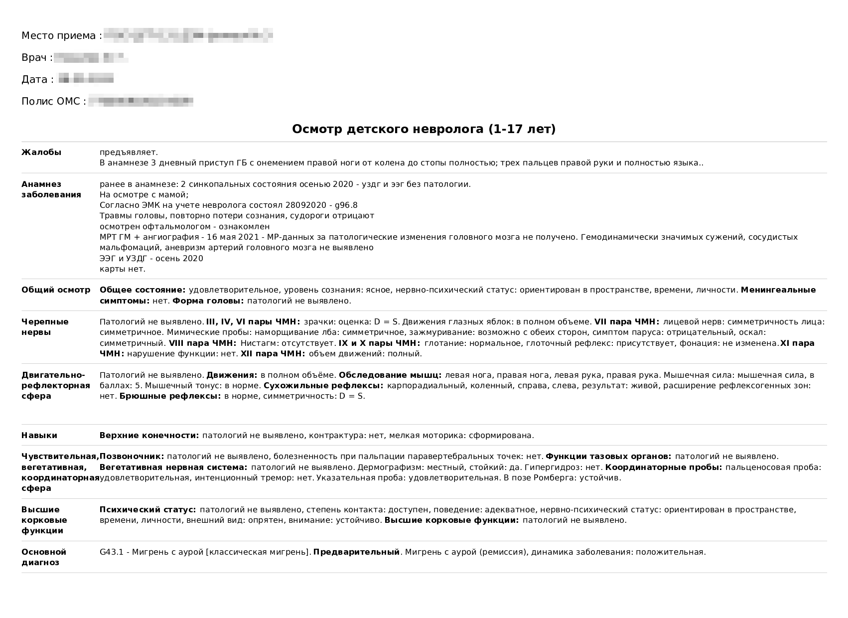 На приеме невролога по результатам обследований поставлен диагноз «мигрень с аурой»