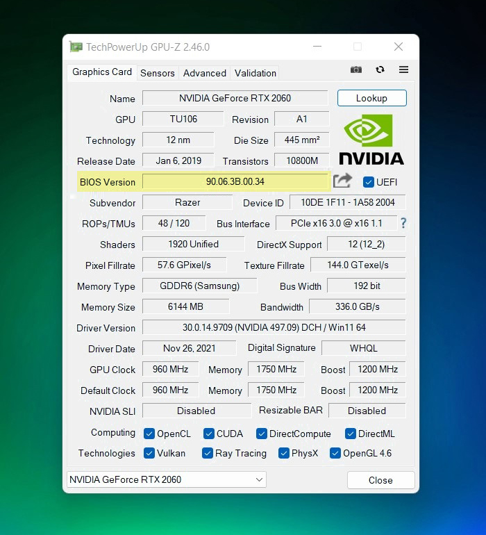 Информация о версии BIOS выделена на скриншоте. Также в окне GPU⁠-⁠Z можно удостовериться, что продавец не соврал про модель видеокарты и объем ее памяти