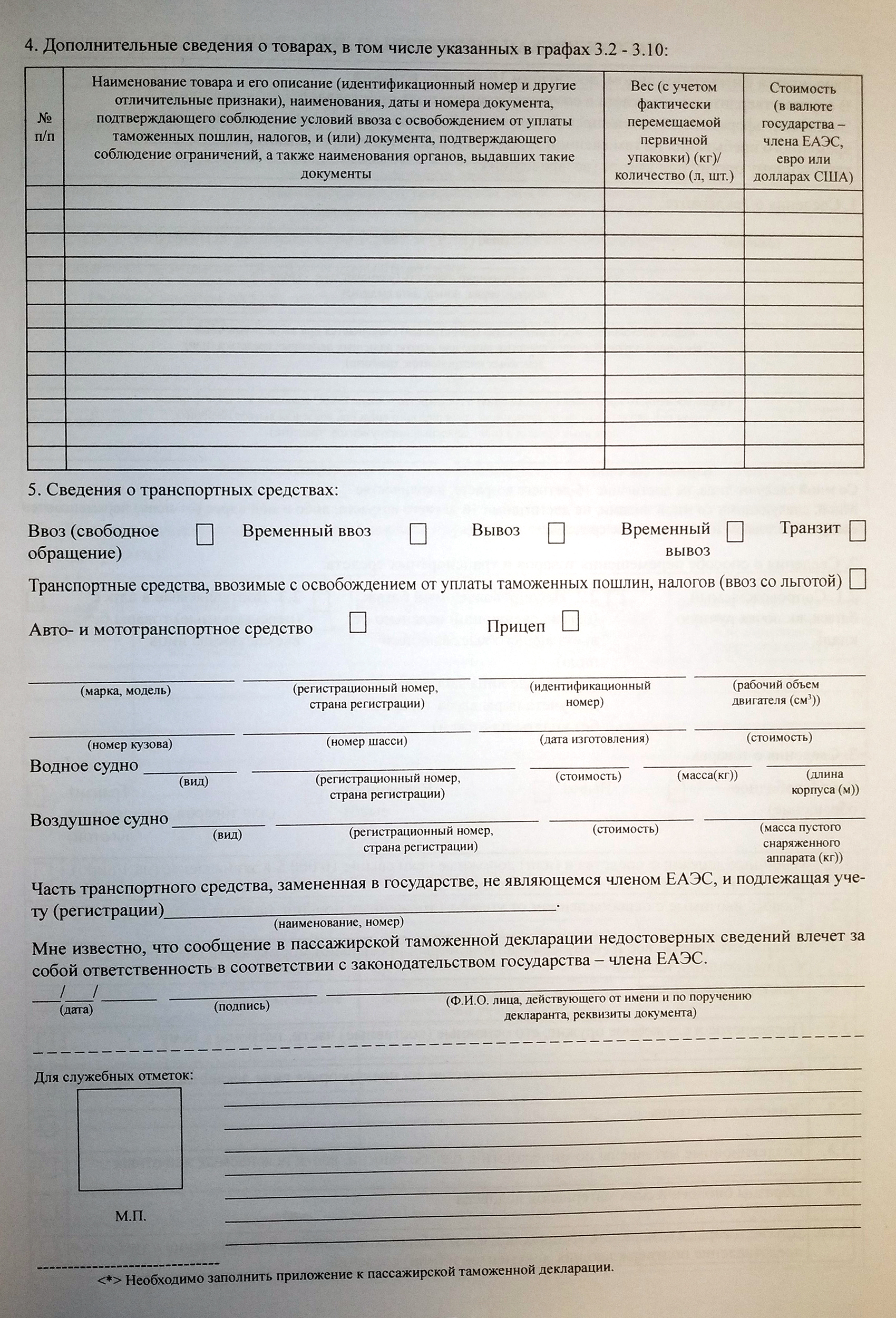 В приложении к декларации в пункте 2.1 указывают количество денег и название валюты, в пункте 4 — происхождение денег, в пункте 5 — на что будете их тратить, а в пункте 6 — маршрут следования