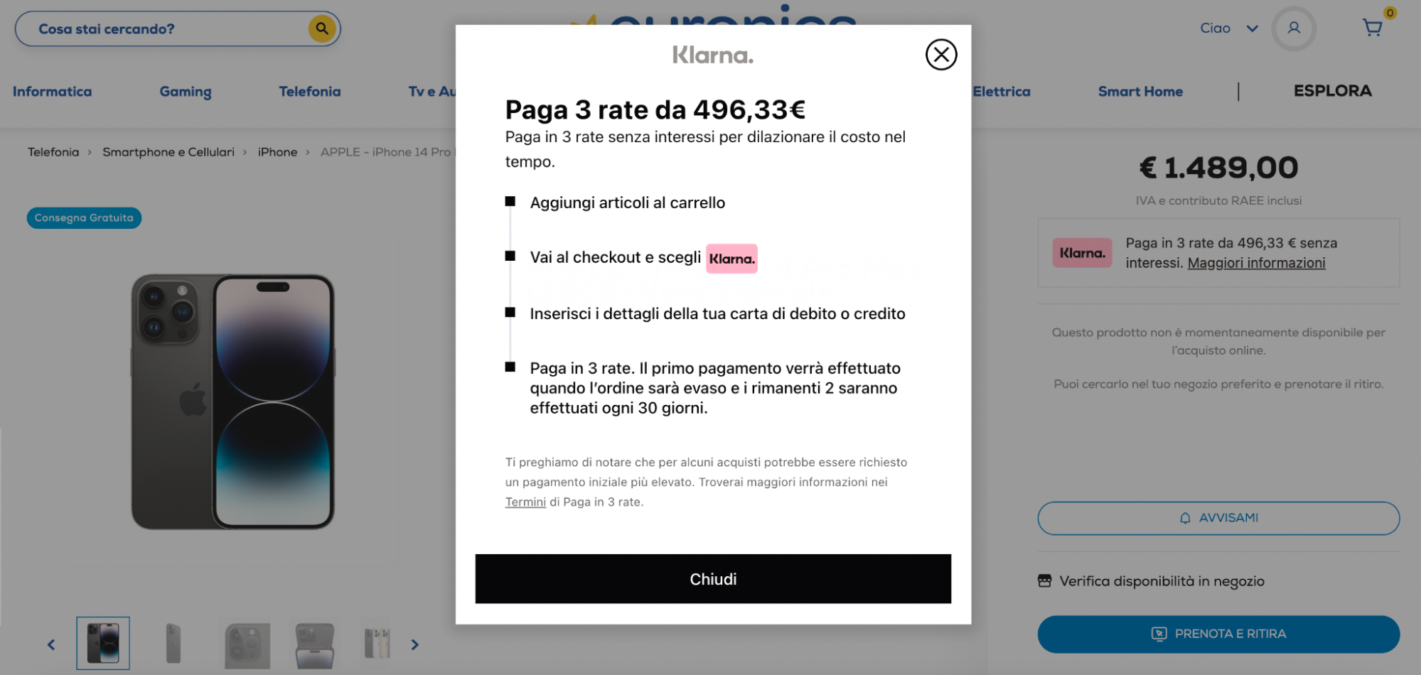 IPhone 14 Pro Max стоит 1489 €, но сервис Klarna предлагает отдать эту сумму не сразу, а тремя частями без переплат. Источник: euronics.it