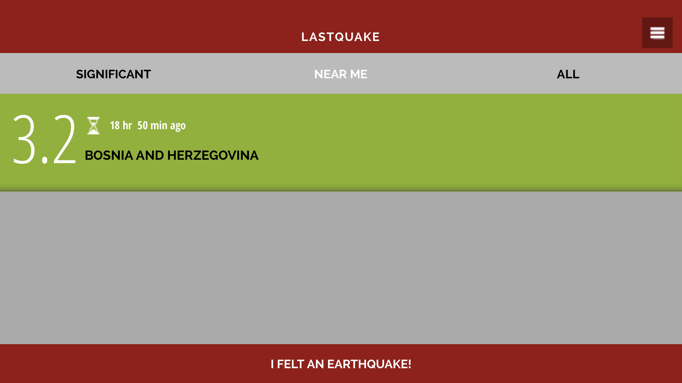 Скриншот приложения LastQuake. 19 часов назад было землетрясение, но небольшое