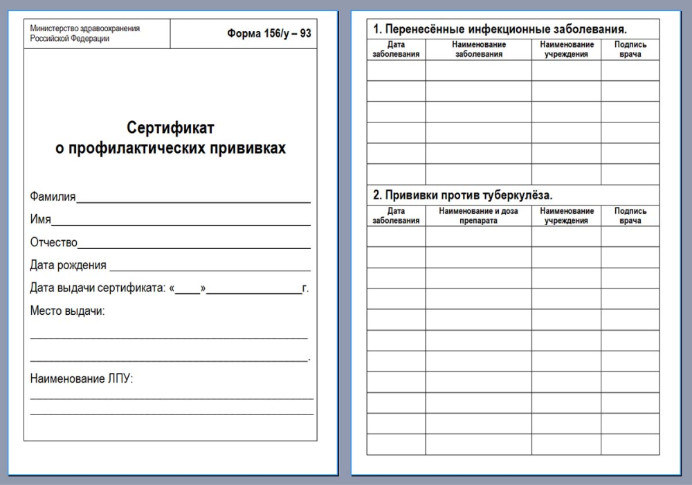 Так выглядит прививочный сертификат. Его обычно выдают в поликлинике, когда делают ребенку первую прививку. Впоследствии в документ вписываются сведения обо всех прививках, которые делают на протяжении жизни. Источник: cemashko.ru