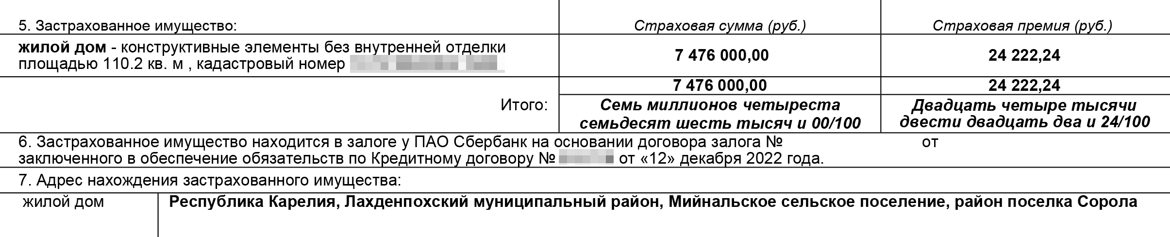 В полисе указаны адрес и кадастровый номер недвижимости, ее рыночная стоимость и сумма страховой выплаты