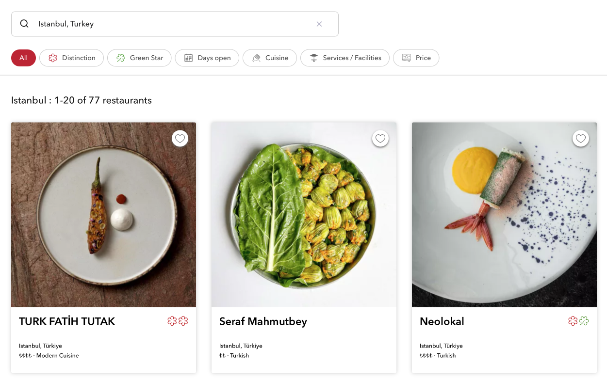 Так выглядит подборка стамбульских ресторанов на сайте гида «Мишлен». Источник: guide.michelin.com