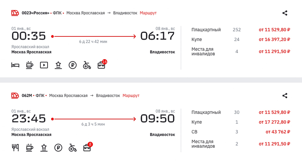 Цены на билеты во Владивосток. Источник: rzd.ru