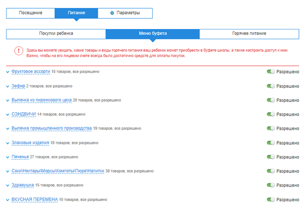 Запретить можно как отдельный продукт, так и целую группу товаров. На сайте «Мос⁠-⁠ру» также получится установить лимит трат и заказывать еду заранее