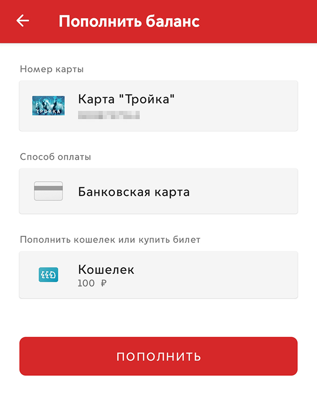 Выберите способ пополнения, тип пополнения — «Кошелек» или покупка билета. Введите сумму платежа