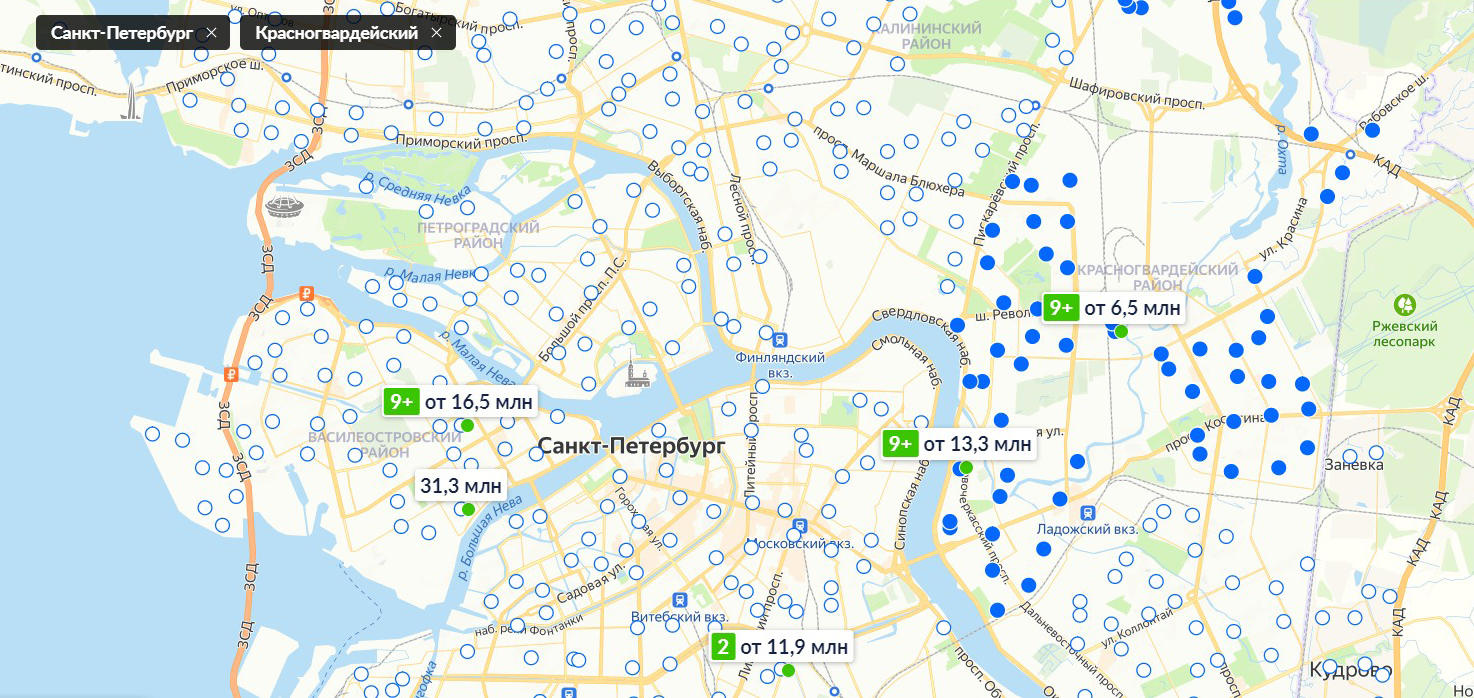 Карта с ценами на однокомнатные квартиры в декабре 2021 года. Источник: cian.ru