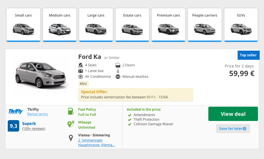 Машина экономкласса обойдется на Rentalcars почти в 60 € (5400 ₽) за 2 дня