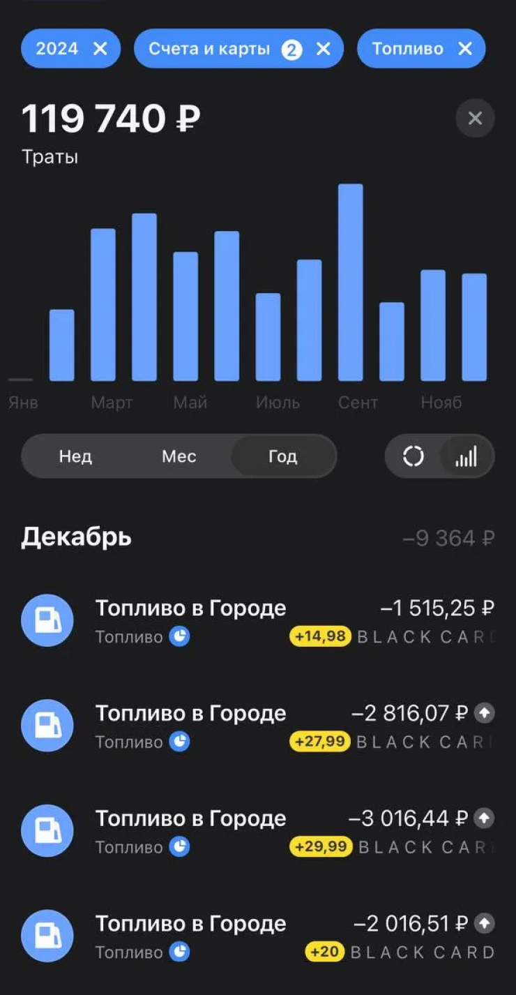 Расходы на топливо за 2024 год. В среднем трачу 10 000 ₽ в месяц